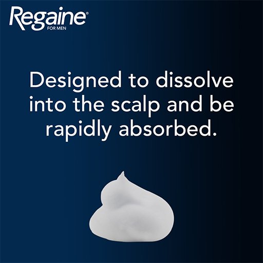 Regaine For Men hair growth supplement ad with white text on a dark blue gradient background and a white foam dollop at the bottom.