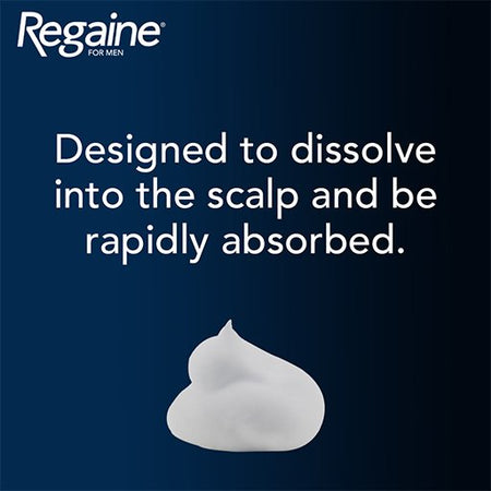 Regaine For Men hair growth supplement ad with white text on a dark blue gradient background and a white foam dollop at the bottom.