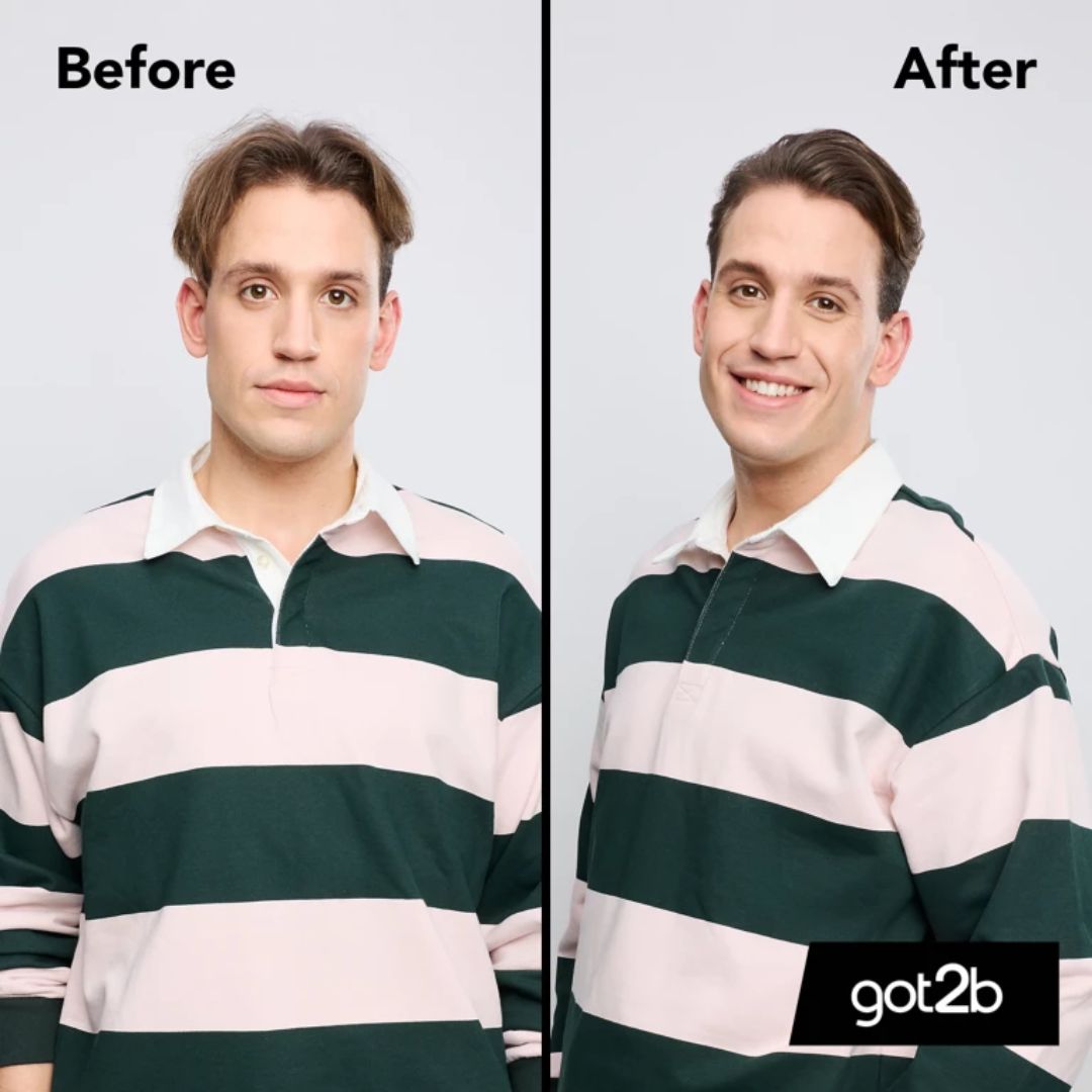 Before and after comparison of a person wearing a green and white striped shirt with 'got2b' branding.
