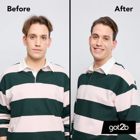 Before and after comparison of a person wearing a green and white striped shirt with 'got2b' branding.