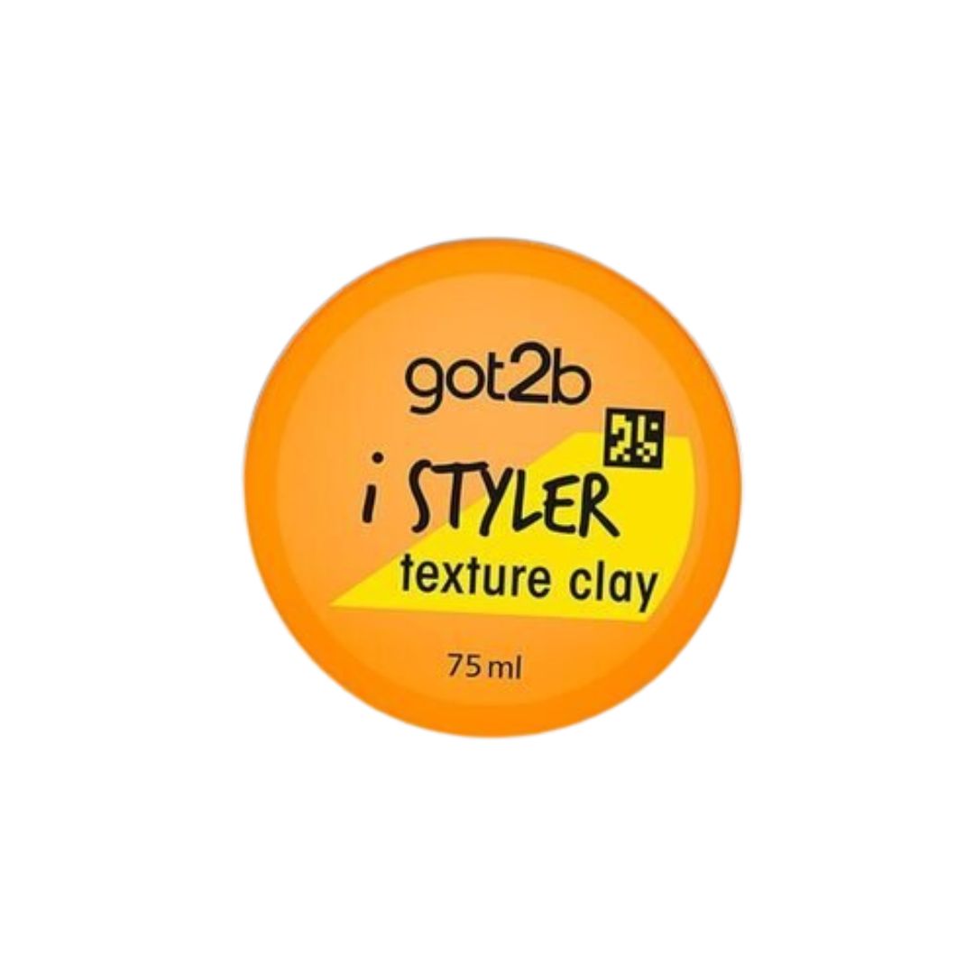 A round orange container of got2b i STYLER texture clay, 75 ml, on a plain white background.