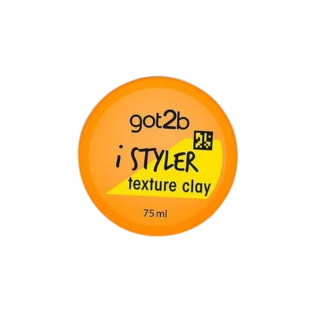 A round orange container of got2b i STYLER texture clay, 75 ml, on a plain white background.