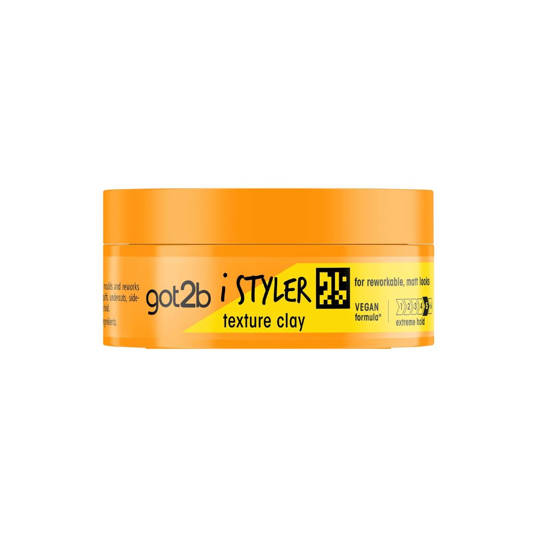 A jar of got2b i STYLER texture clay hair product in a bright orange container with a yellow and black label, shown on a plain white background.