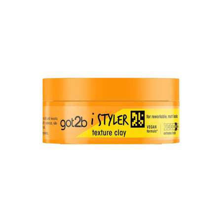 A jar of got2b i STYLER texture clay hair product in a bright orange container with a yellow and black label, shown on a plain white background.