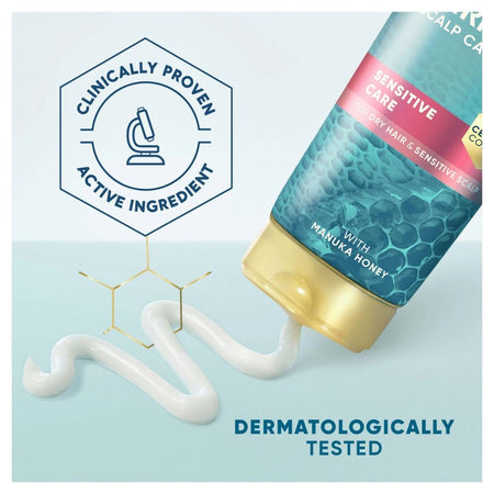 A tube of sensitive scalp hair care cream with a gold cap and white cream squeezed out, shown on a light blue background with a 'Clinically Proven Active Ingredient' badge and 'Dermatologically Tested' text.