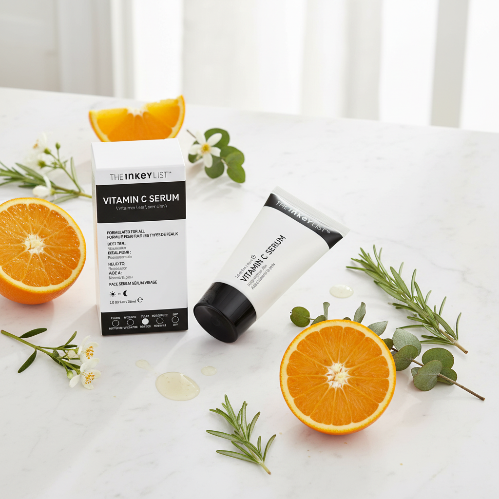 The INKEY List Vitamin C Serum flat lay with vitamin C botanicals