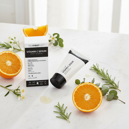 The INKEY List Vitamin C Serum flat lay with vitamin C botanicals