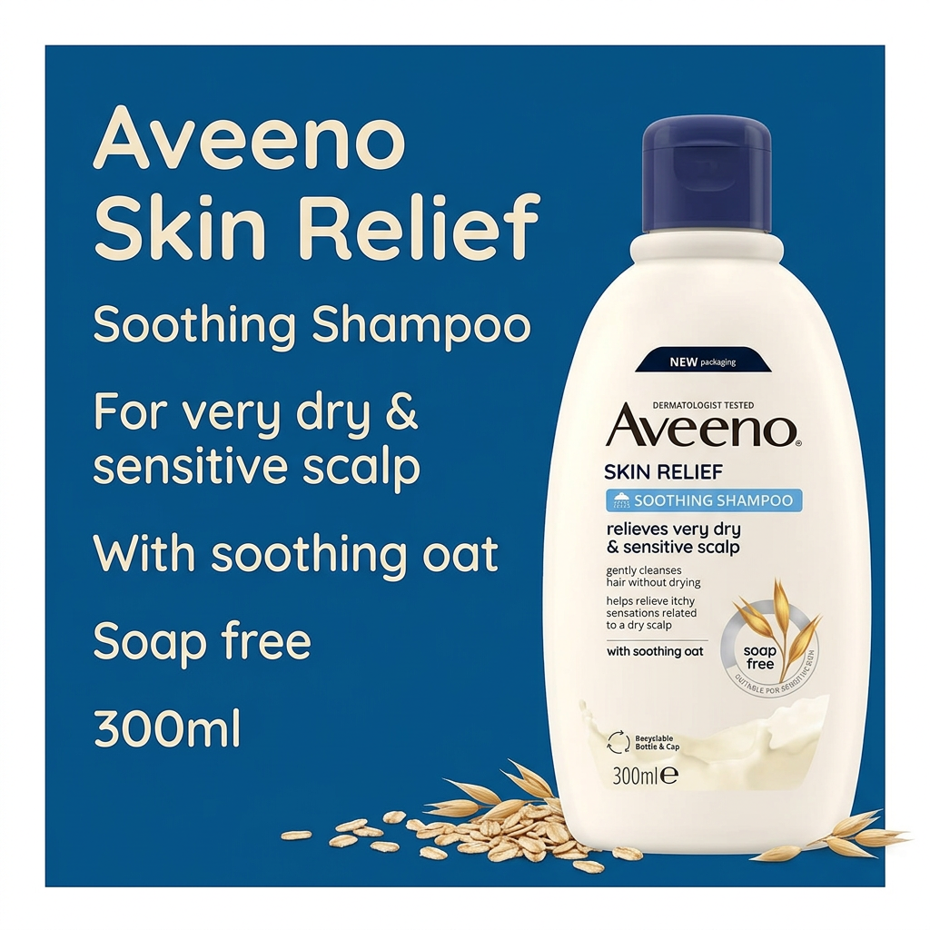 Aveeno Skin Relief Soothing Shampoo bottle shown on a blue promotional background with product text and oat illustrations.