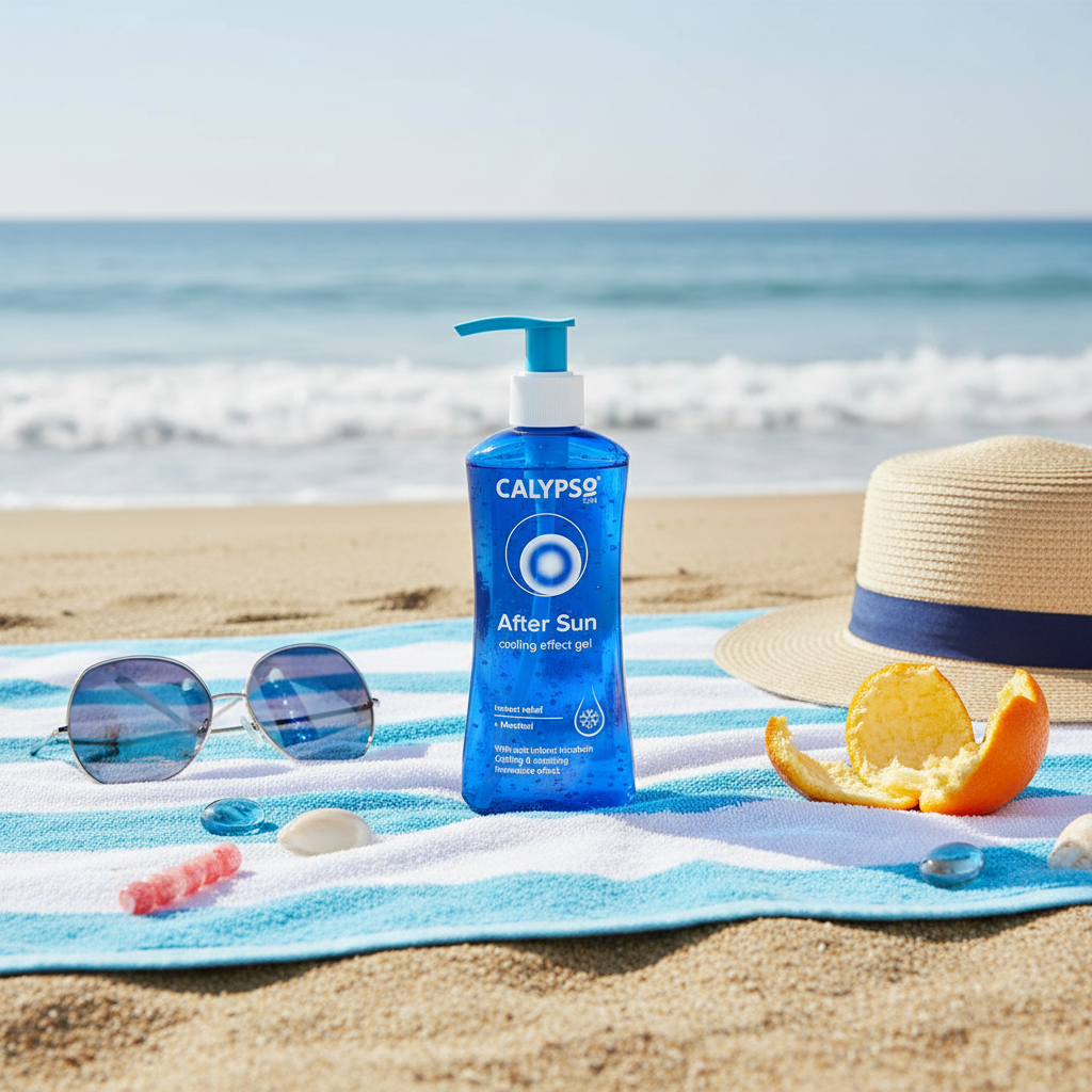 Calypso After Sun Cooling Gel on beach towel with summer accessories