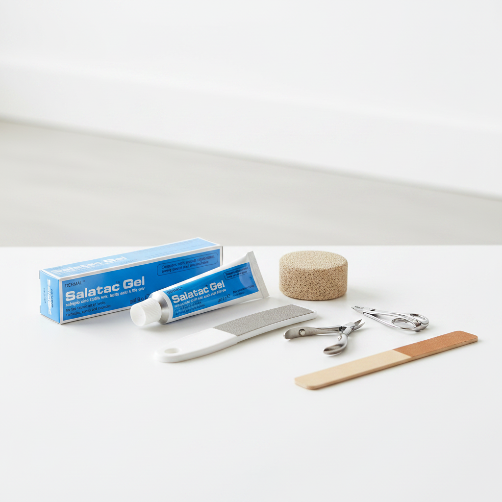Salatac Gel in a foot care setting with pumice stone and accessories