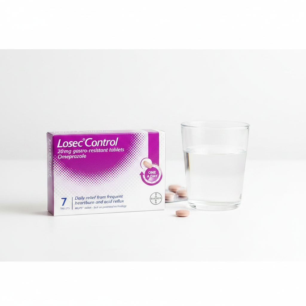 LosecControl Gastro-Resistant Tablets with glass of water