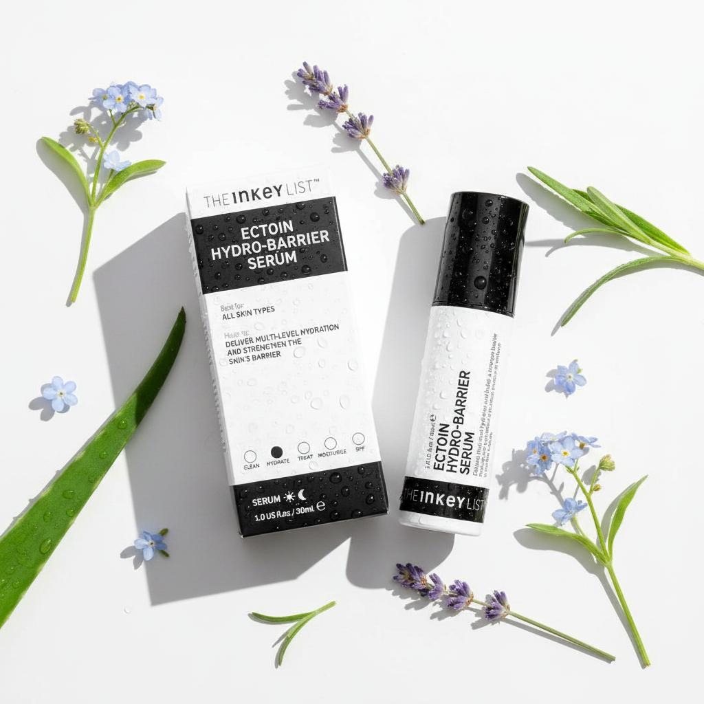 The INKEY List Ectoin Hydro-Barrier Serum flat lay with water droplets and botanicals
