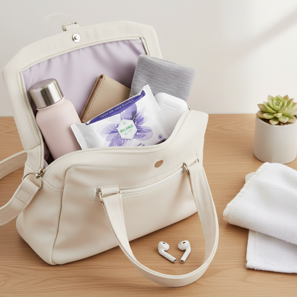 Balance Activ Intimate Daily Wipes in handbag for on-the-go freshness