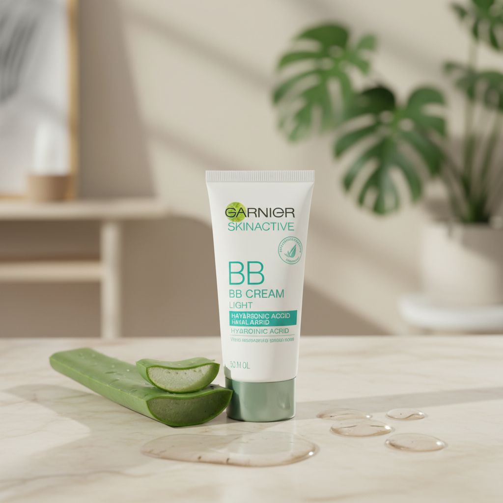 Garnier SkinActive BB Cream Light 50ml with aloe vera and hyaluronic acid on marble