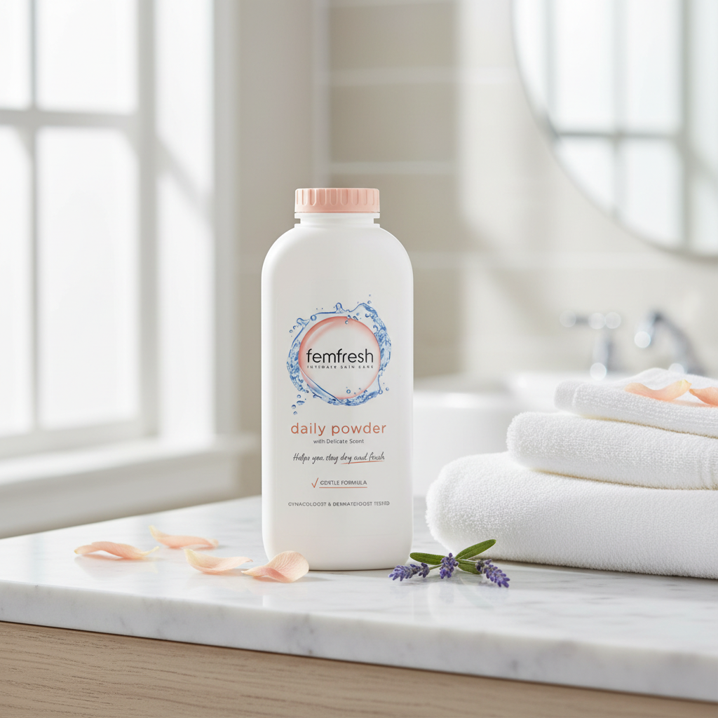 Femfresh Daily Re-Balance Powder on white marble bathroom surface