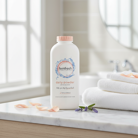Femfresh Daily Re-Balance Powder on white marble bathroom surface