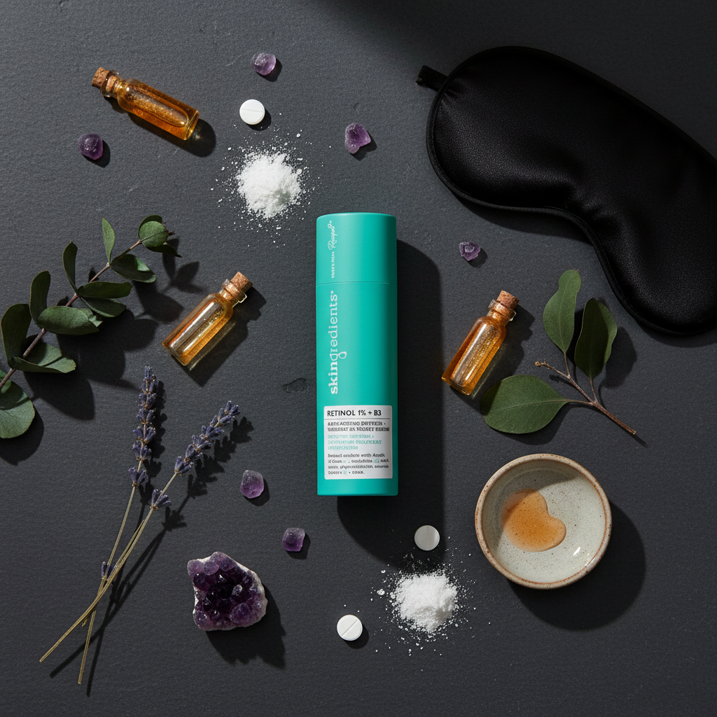 Skingredients Retinol 1% + B3 Night Serum flat lay with retinol and niacinamide skincare elements