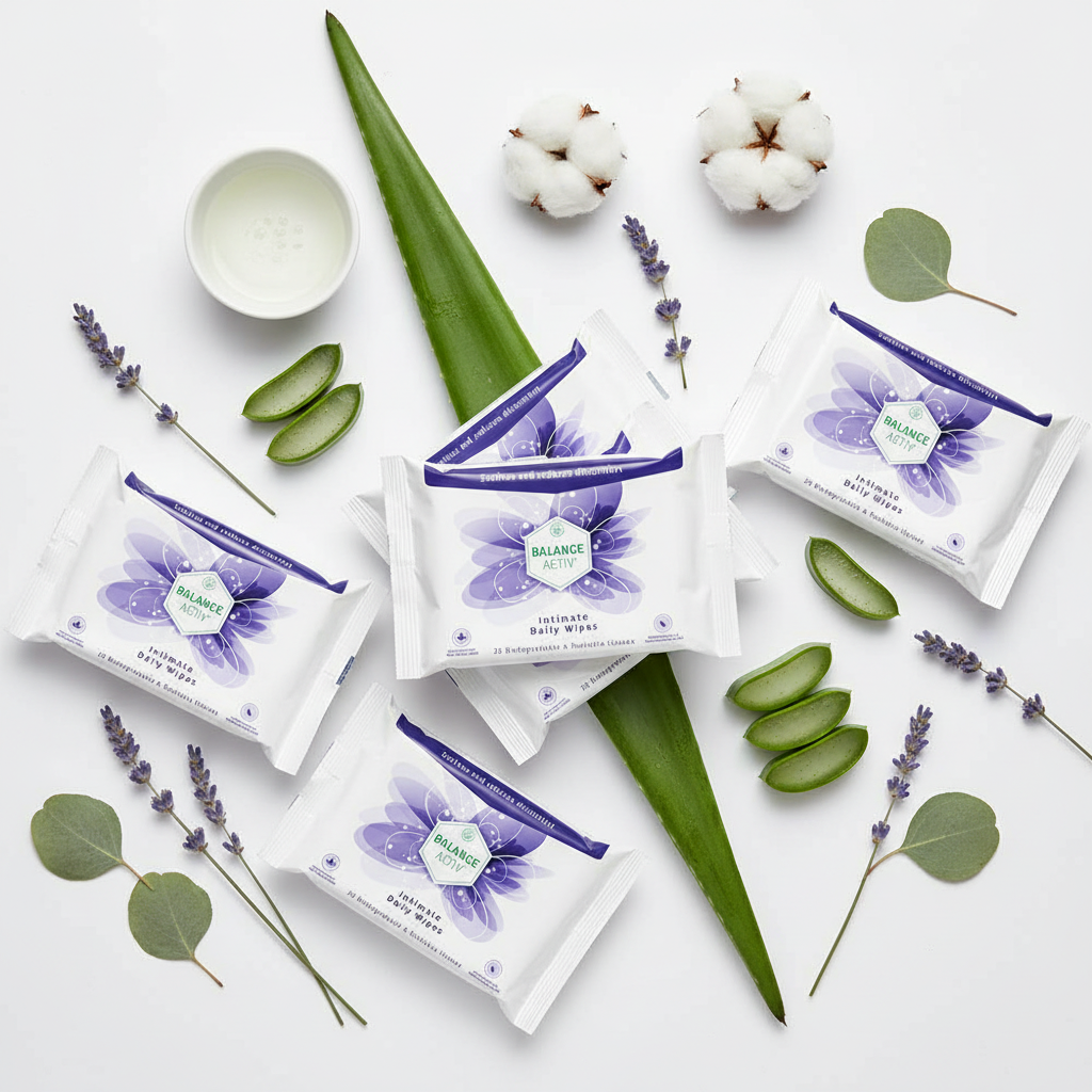 Balance Activ Intimate Daily Wipes flat lay with aloe vera and botanicals