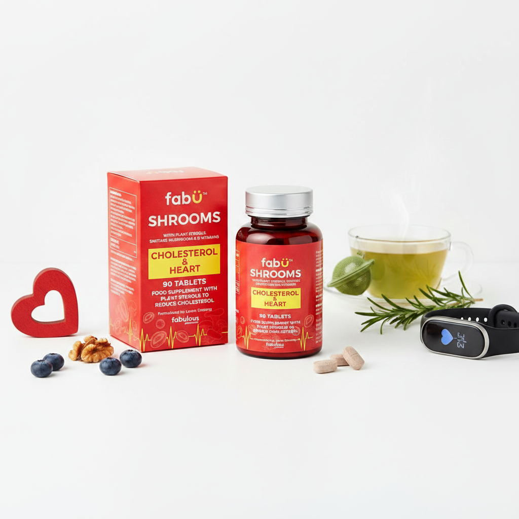 Fabu Shrooms Cholesterol and Heart supplement in a wellness lifestyle setting