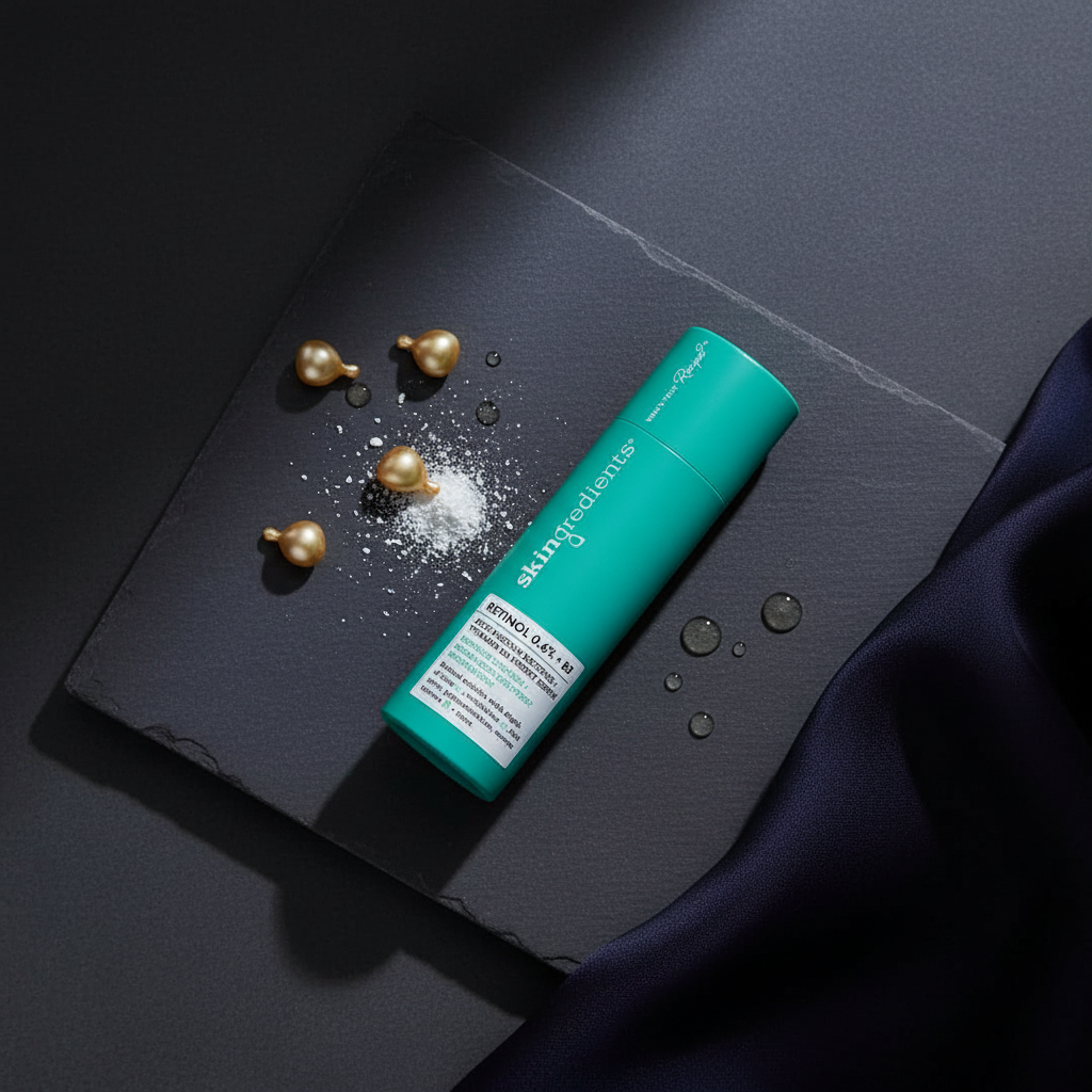 Skingredients Retinol 0.6% Night Serum flat lay with retinol and niacinamide skincare elements
