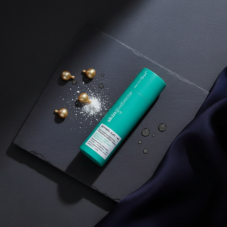 Skingredients Retinol 0.6% Night Serum flat lay with retinol and niacinamide skincare elements