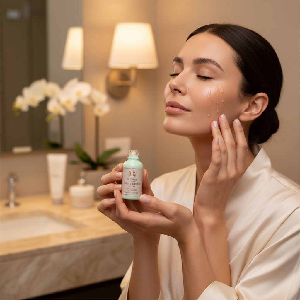 Woman with smooth firm glowing skin using Pixi Collagen & Retinol Serum in evening routine