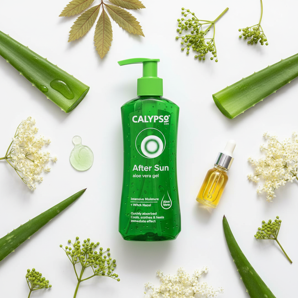 Calypso After Sun Aloe Vera Gel with aloe vera leaves and botanical ingredients