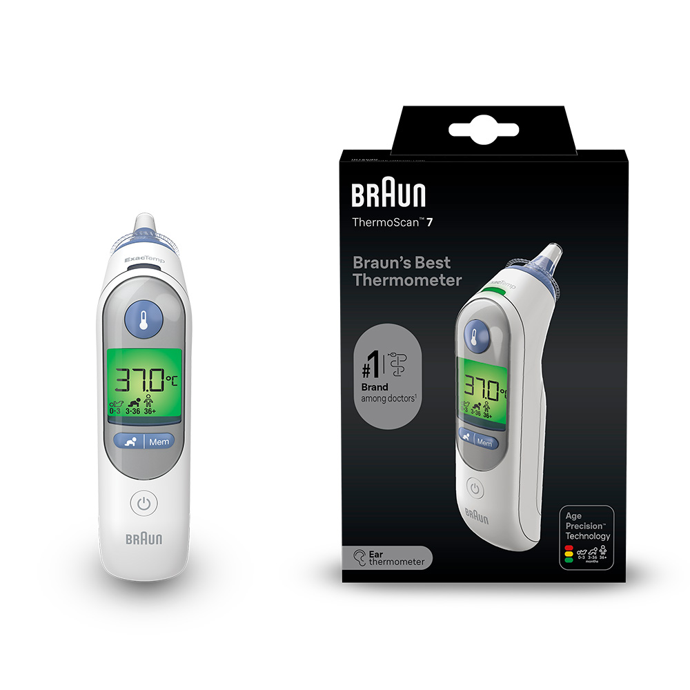 Braun ear thermometer with packaging on a white background