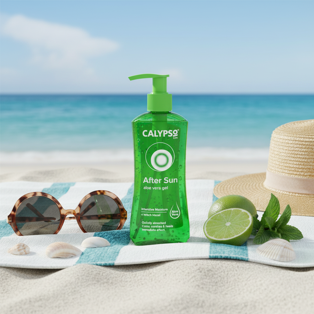 Calypso After Sun Aloe Vera Gel on beach towel with summer accessories