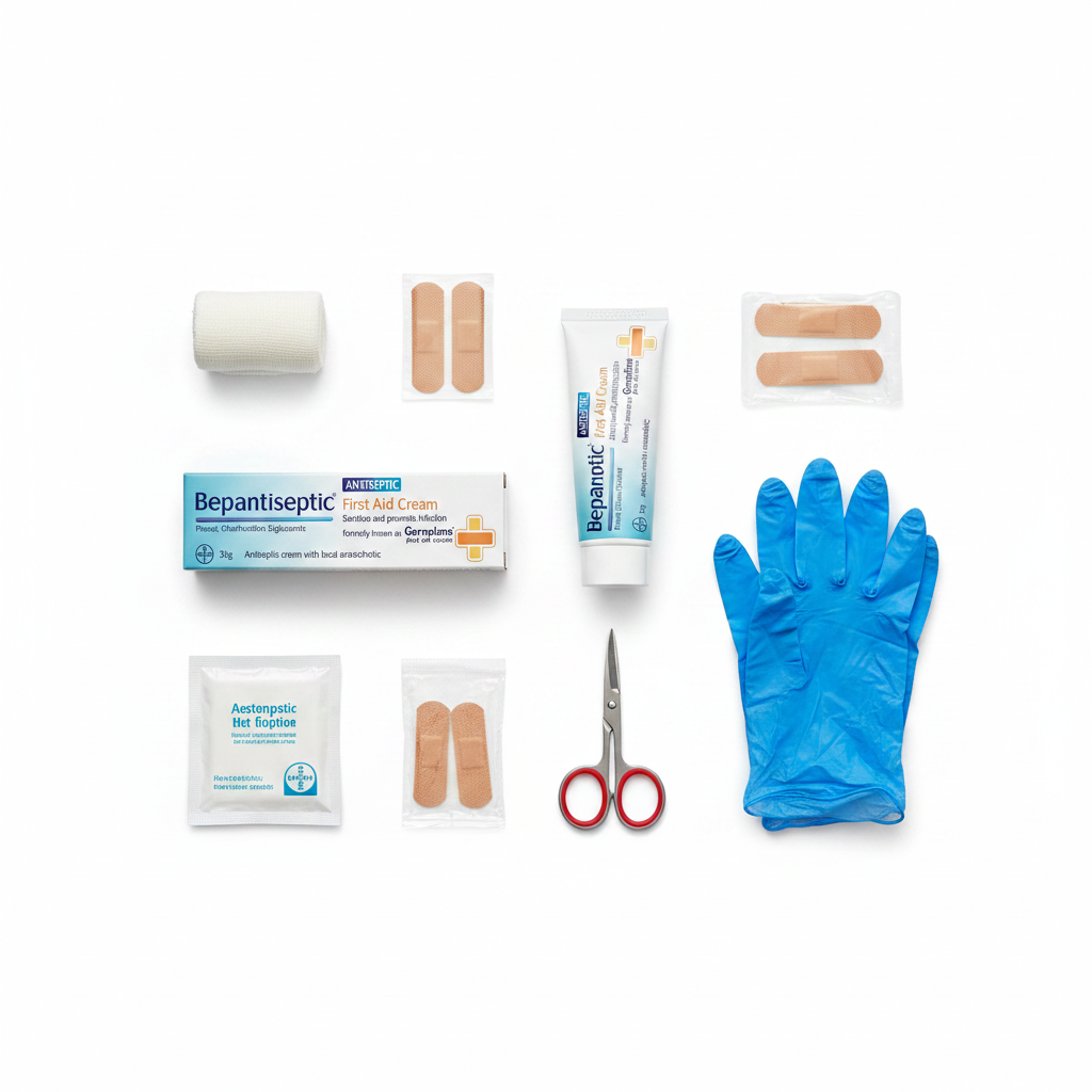 Bepantiseptic First Aid Antiseptic Cream with bandages and first aid accessories