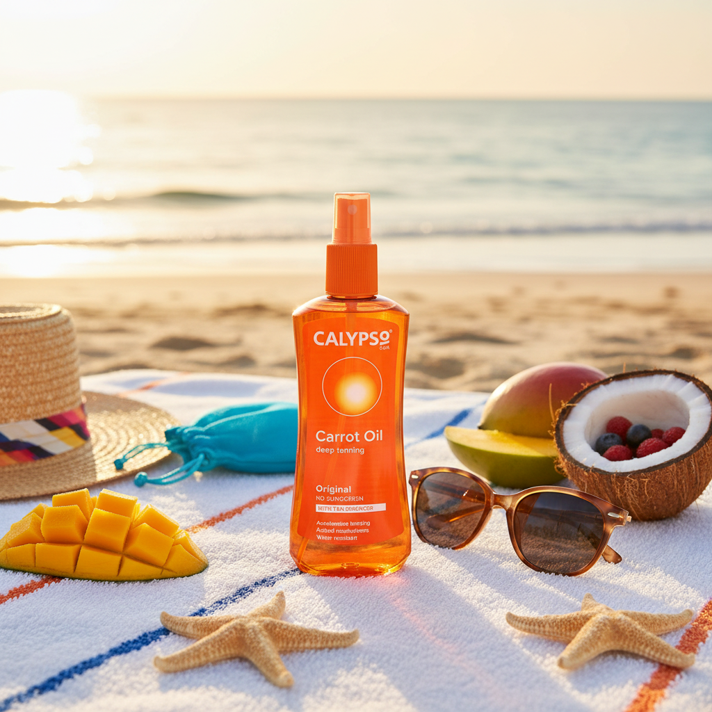Calypso Carrot Oil Tanning Spray on beach towel with summer accessories