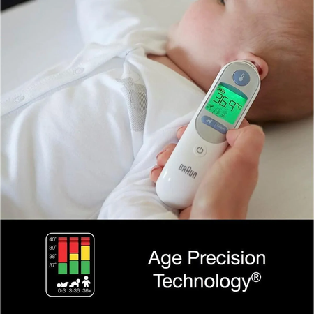 A close-up of a baby wearing a white outfit while an adult holds a white Braun digital thermometer to the baby's forehead. The thermometer screen is lit green, and a black banner at the bottom reads 'Age Precision Technology™' with a temperature guide icon.