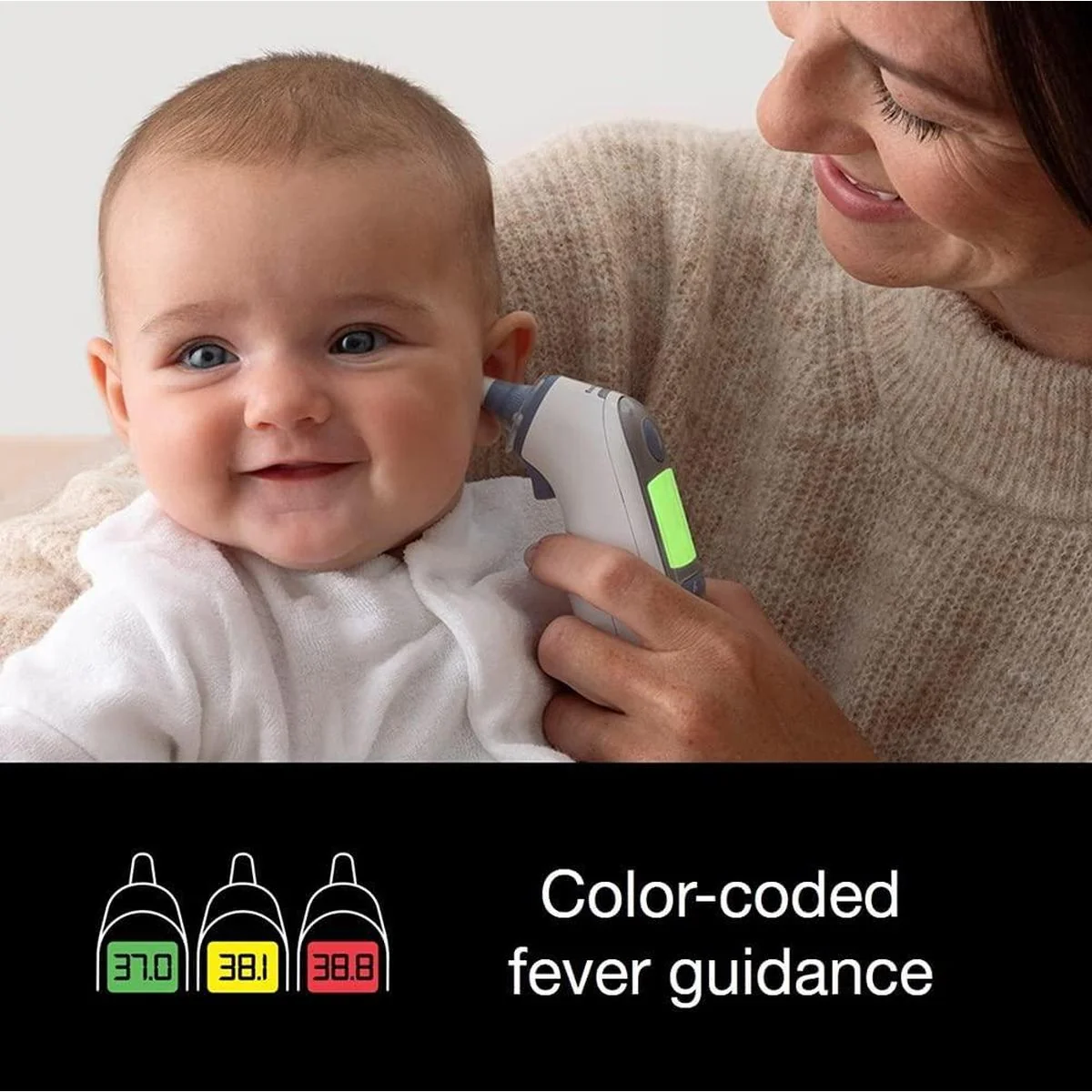 Baby being measured with a digital thermometer, held by a smiling adult.