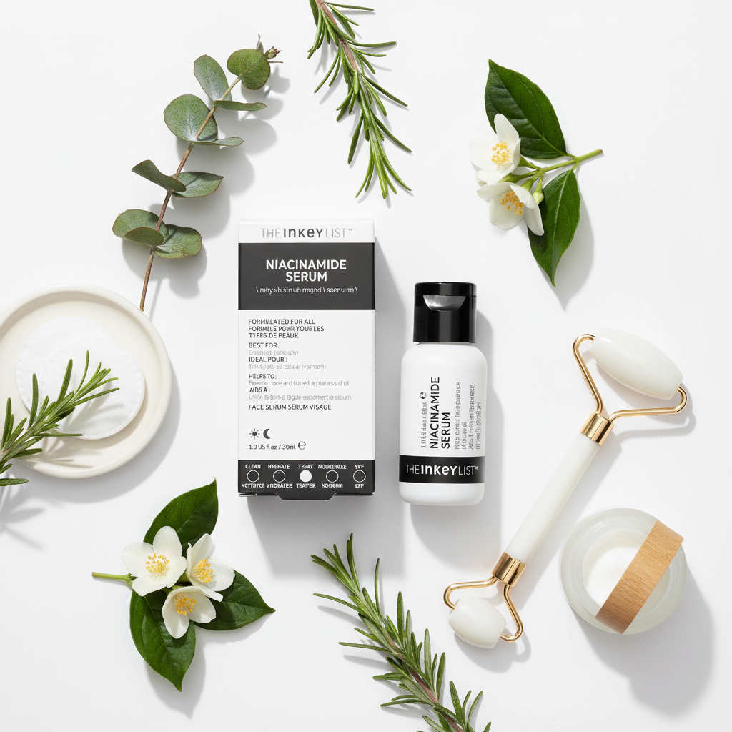The INKEY List Niacinamide Serum flat lay with green botanicals