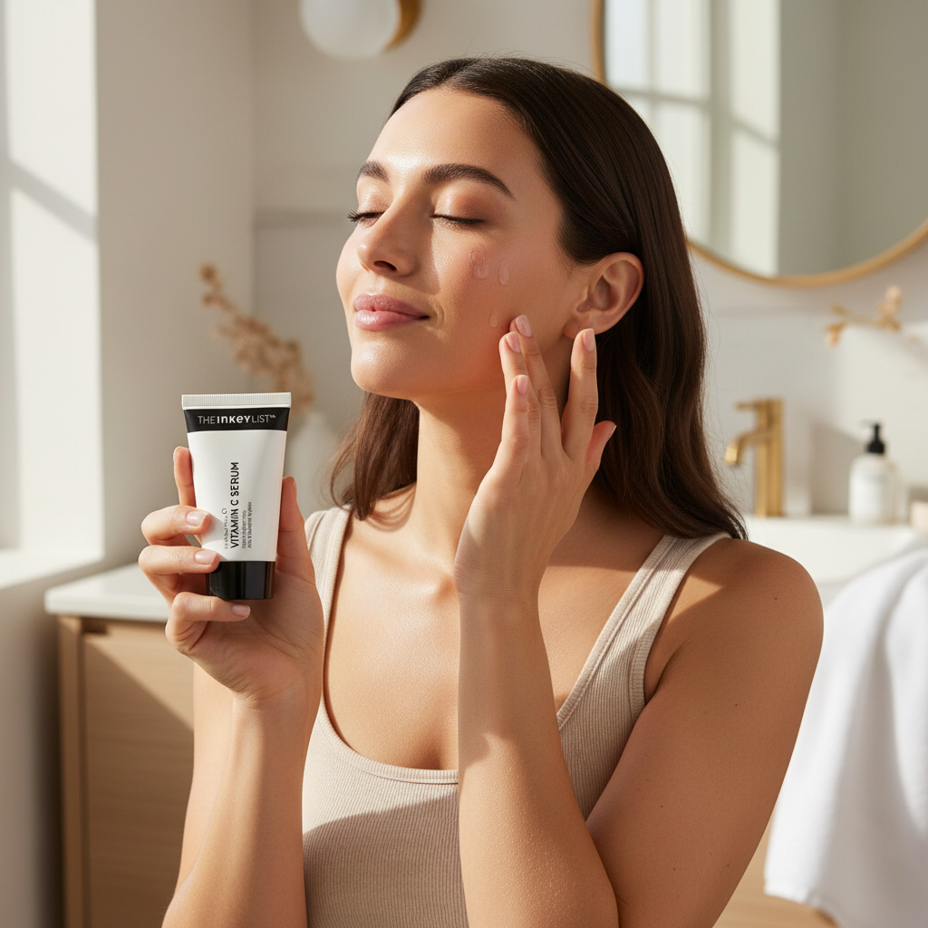 Woman applying The INKEY List Vitamin C Serum for glowing skin