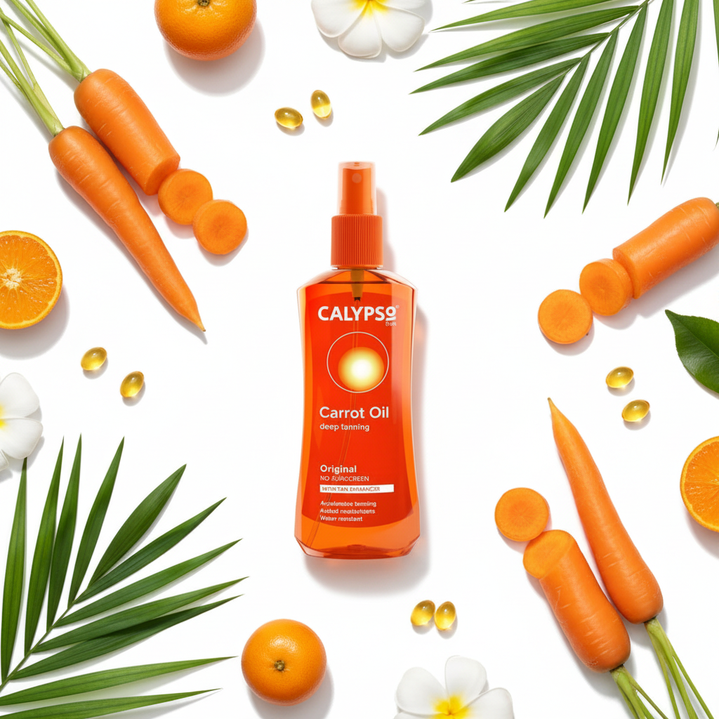 Calypso Carrot Oil Tanning Spray with fresh carrots and vitamin E