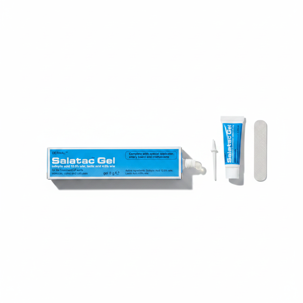 Salatac Gel treatment tube flat lay with salicylic acid ingredients