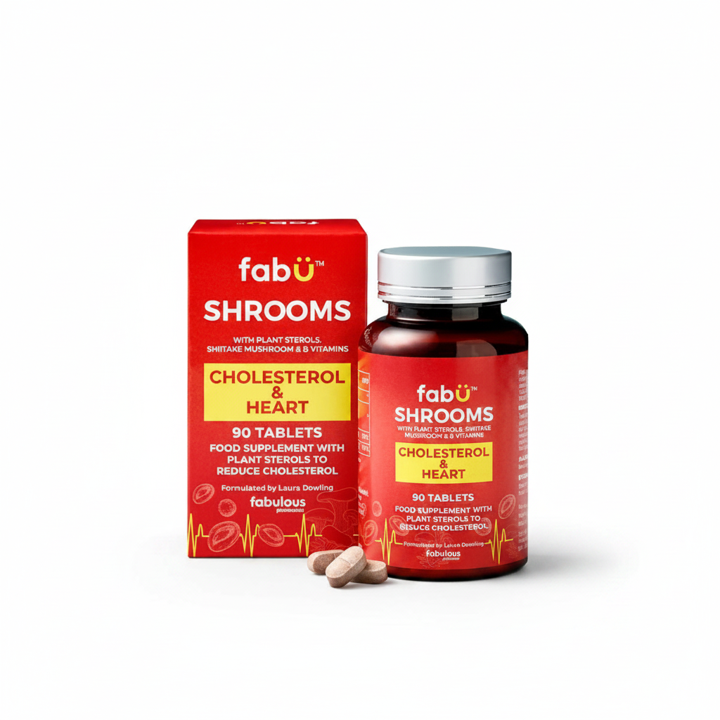 Fabu Shrooms Cholesterol and Heart 90 Tablets supplement bottle on white background