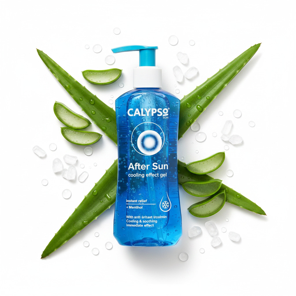 Calypso After Sun Cooling Gel with aloe vera leaves and menthol crystals