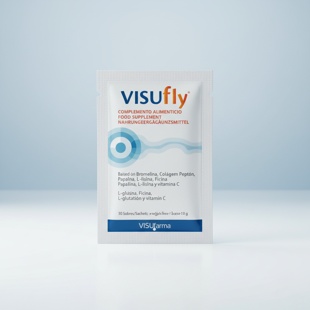 VISUfly Eye Support Supplement sachet close-up with eye health concept
