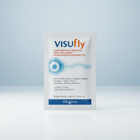 VISUfly Eye Support Supplement sachet close-up with eye health concept
