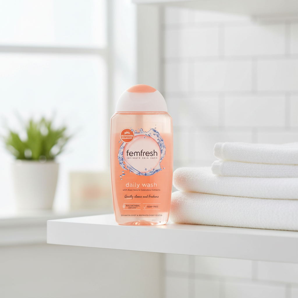 Femfresh Intimate Daily Wash in a clean bathroom setting