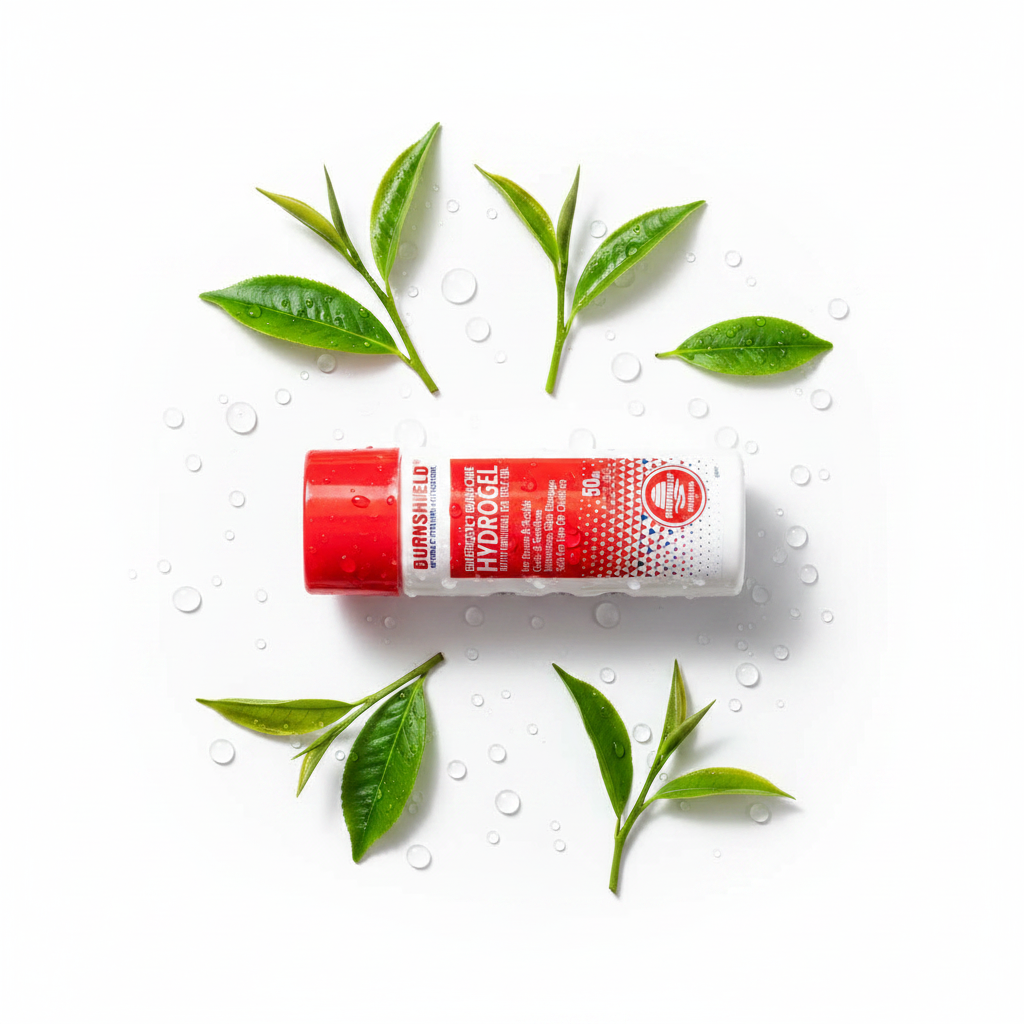 Burnshield Hydrogel 50ml with tea tree leaves and cooling water droplets