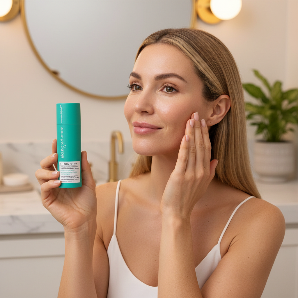 Woman with smooth firm radiant skin using Skingredients Retinol 1% Night Serum in evening routine