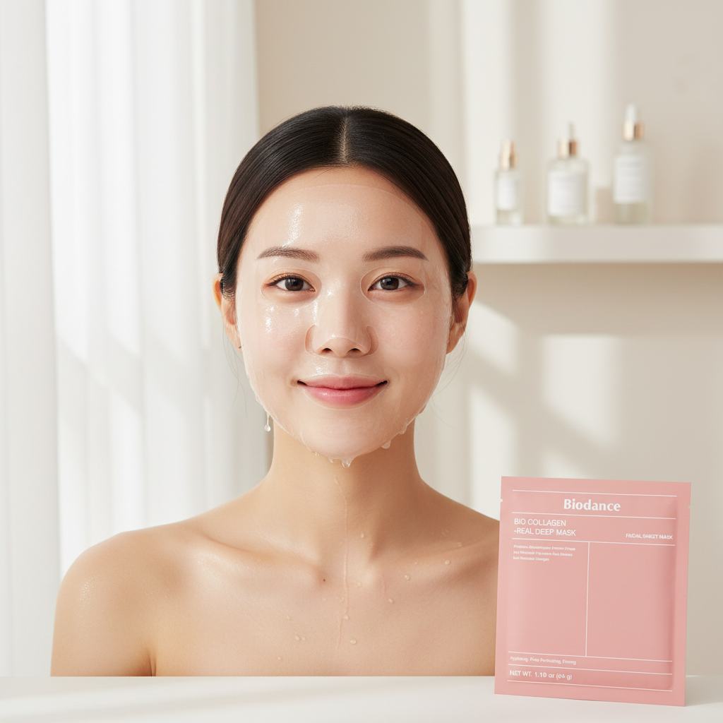Woman with glowing hydrated skin wearing Biodance Bio-Collagen hydrogel sheet mask
