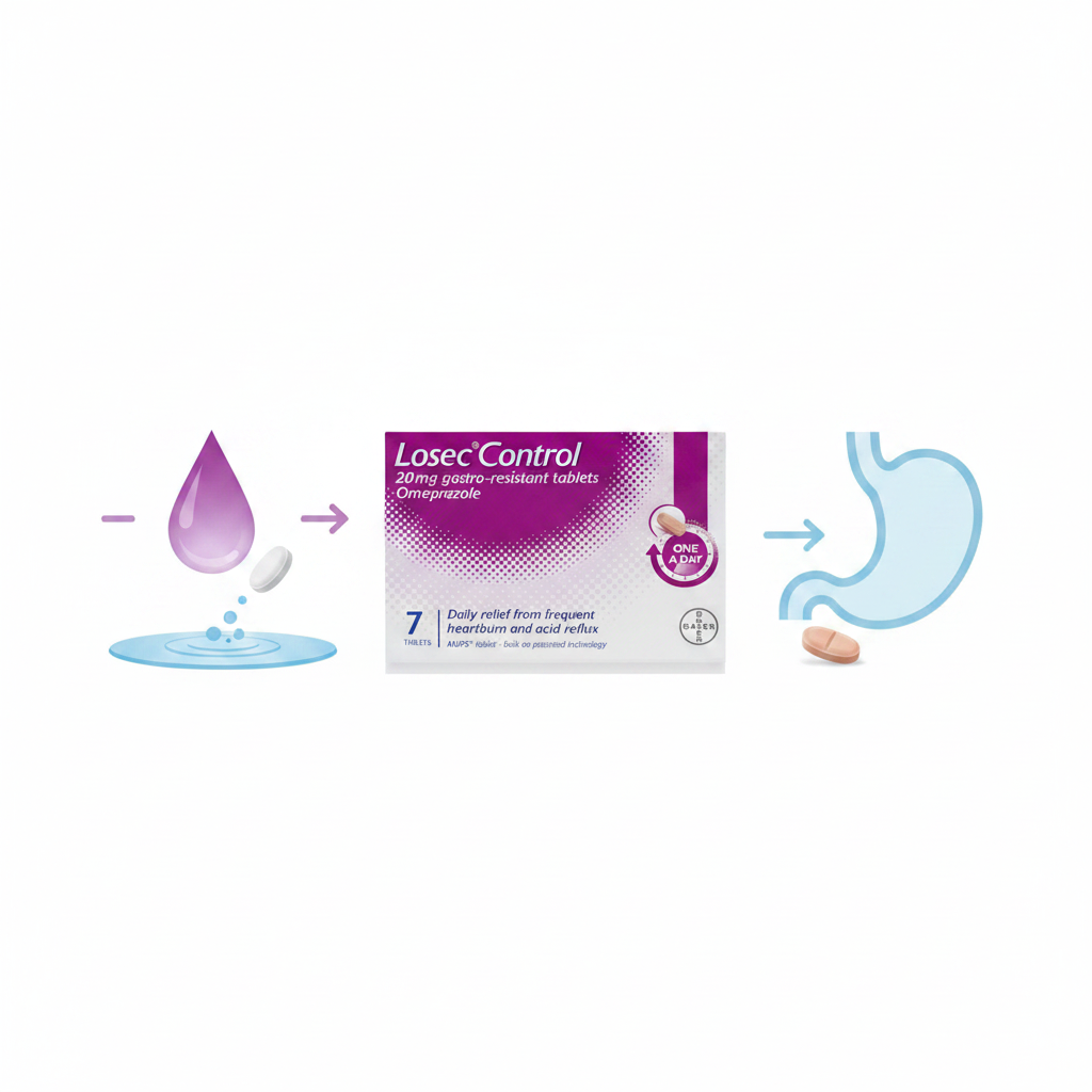 LosecControl heartburn tablets flat lay with stomach acid relief concept