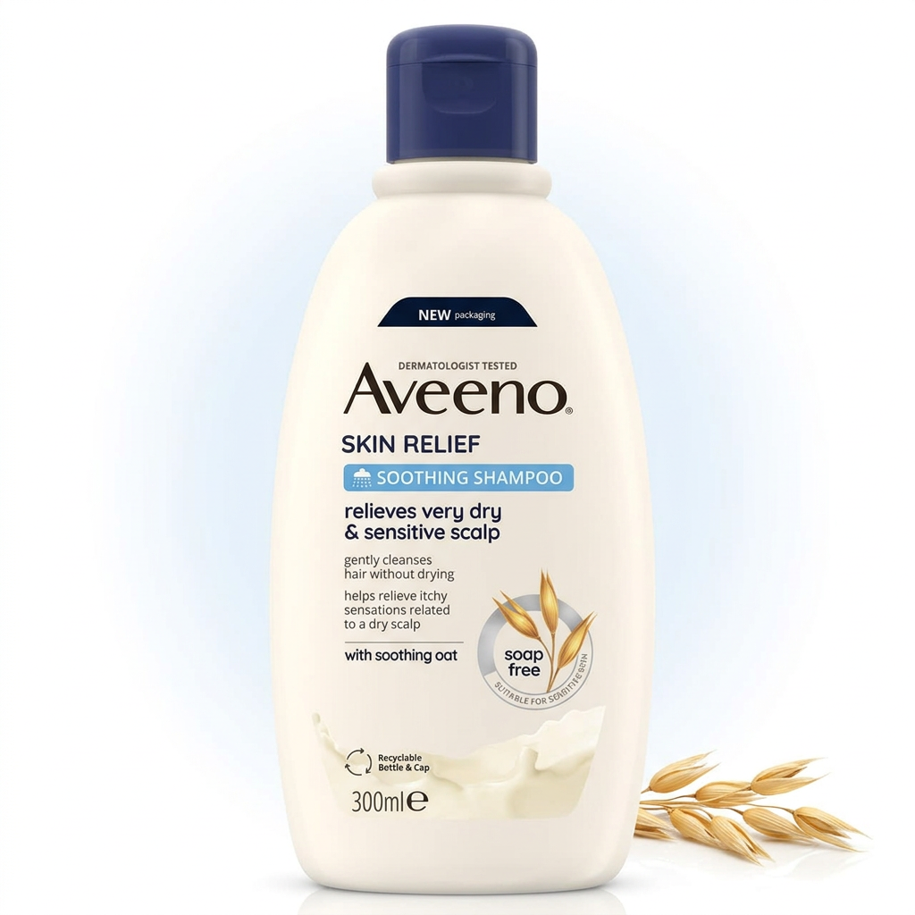 Aveeno Skin Relief Soothing Shampoo in a 300ml white plastic bottle with a dark blue cap, shown on a white background with wheat stalks at the bottom right.