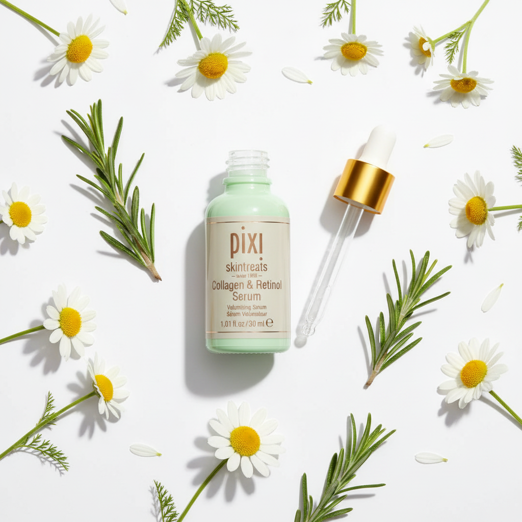 Pixi Collagen & Retinol Serum flat lay with chamomile flowers and rosemary botanicals