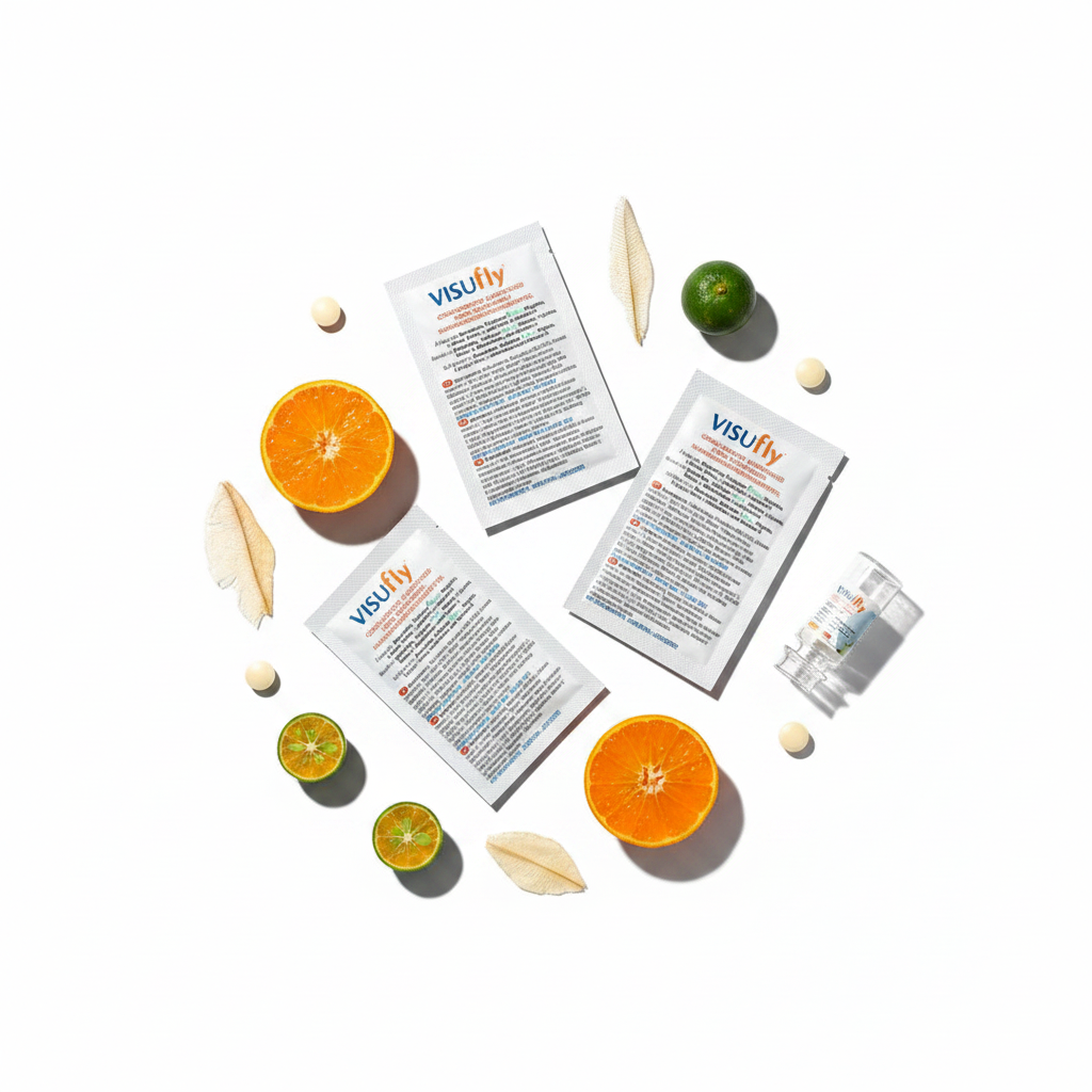 VISUfly Eye Support Supplement sachets with vitamin C and collagen ingredients