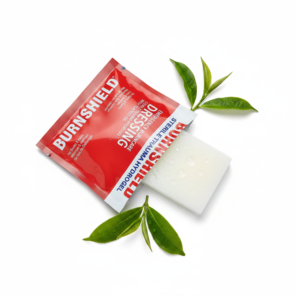 Burnshield Hydrogel Dressing with tea tree leaves and cooling water droplets